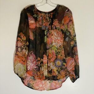 new directions Floral Sheer Long-Sleeve Blouse in Black and Coral